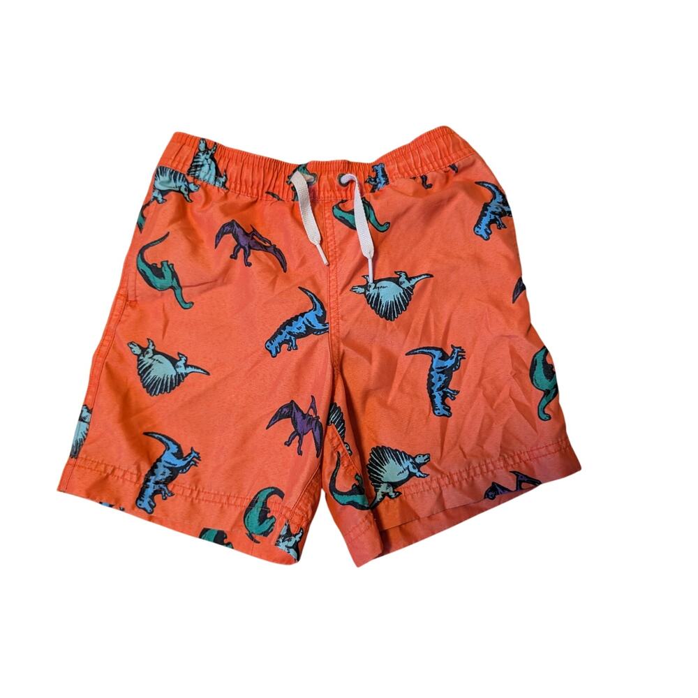 Hanna Andersson Boys Orange Dinosaur Print Swim Trunks Mesh Lined Shorts Size 5